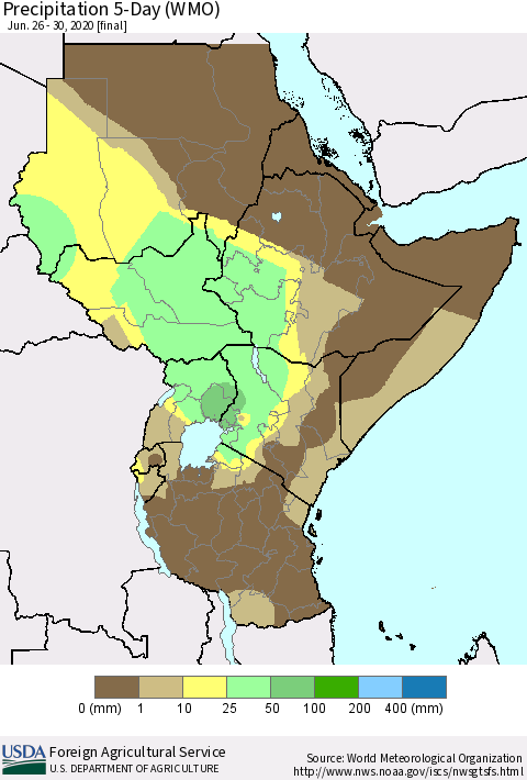 Eastern Africa Precipitation 5-Day (WMO) Thematic Map For 6/26/2020 - 6/30/2020