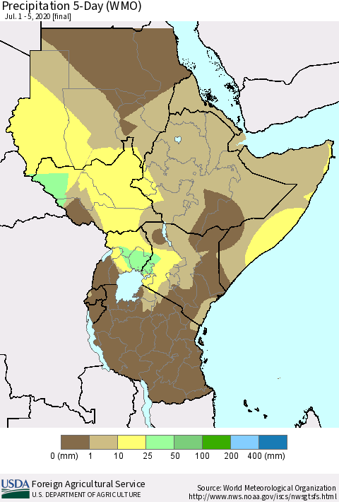 Eastern Africa Precipitation 5-Day (WMO) Thematic Map For 7/1/2020 - 7/5/2020