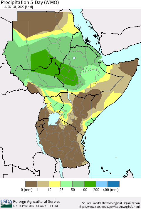 Eastern Africa Precipitation 5-Day (WMO) Thematic Map For 7/26/2020 - 7/31/2020