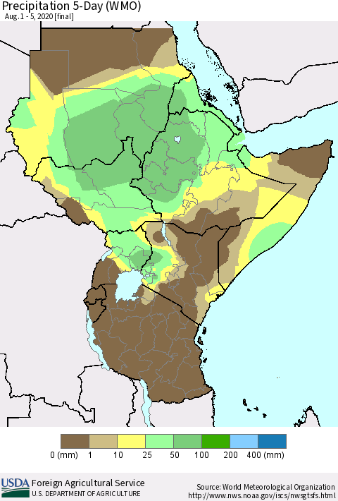 Eastern Africa Precipitation 5-Day (WMO) Thematic Map For 8/1/2020 - 8/5/2020