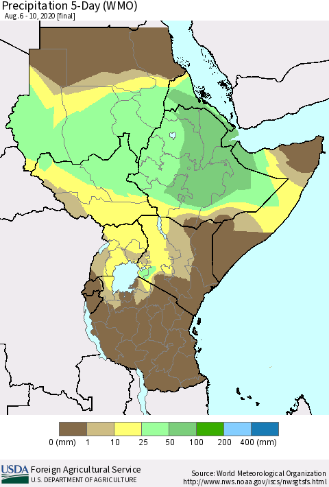 Eastern Africa Precipitation 5-Day (WMO) Thematic Map For 8/6/2020 - 8/10/2020