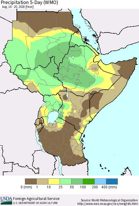 Eastern Africa Precipitation 5-Day (WMO) Thematic Map For 8/16/2020 - 8/20/2020