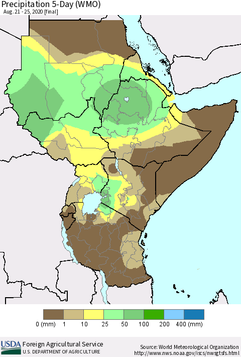Eastern Africa Precipitation 5-Day (WMO) Thematic Map For 8/21/2020 - 8/25/2020