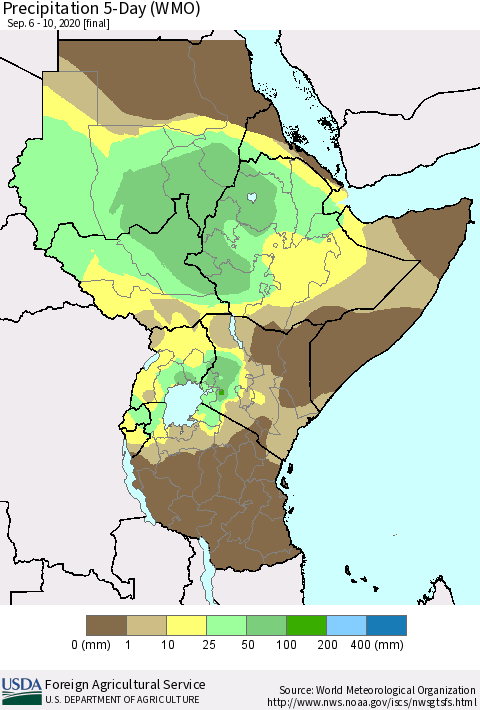 Eastern Africa Precipitation 5-Day (WMO) Thematic Map For 9/6/2020 - 9/10/2020