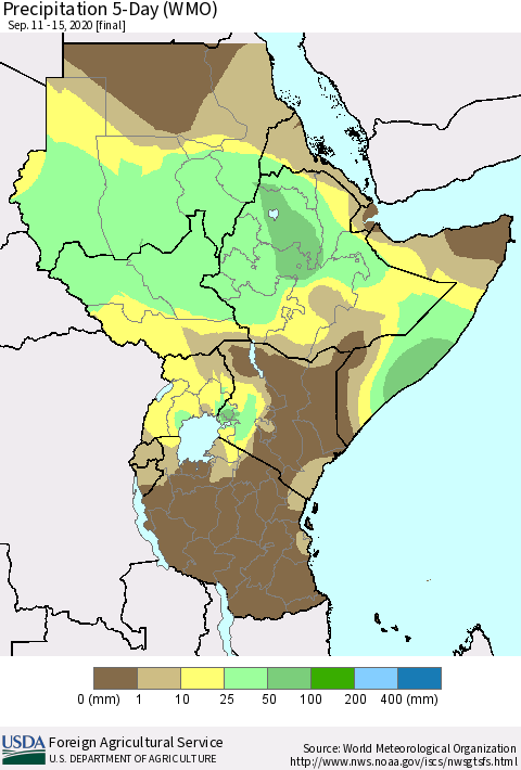 Eastern Africa Precipitation 5-Day (WMO) Thematic Map For 9/11/2020 - 9/15/2020