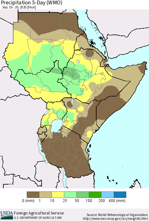 Eastern Africa Precipitation 5-Day (WMO) Thematic Map For 9/16/2020 - 9/20/2020
