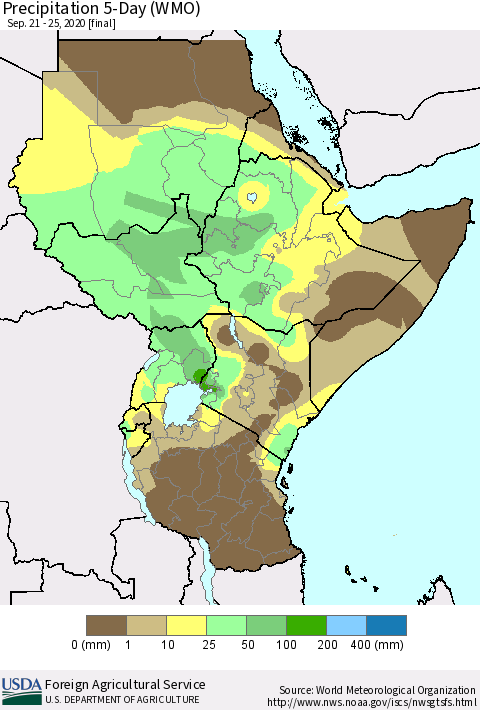 Eastern Africa Precipitation 5-Day (WMO) Thematic Map For 9/21/2020 - 9/25/2020