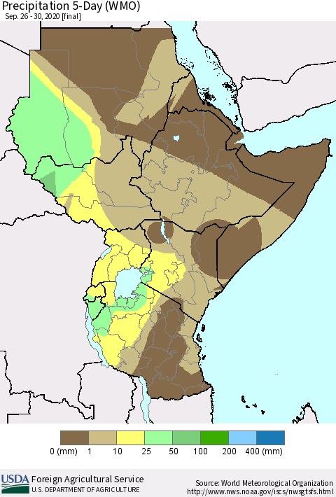 Eastern Africa Precipitation 5-Day (WMO) Thematic Map For 9/26/2020 - 9/30/2020