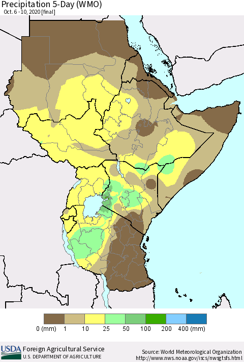 Eastern Africa Precipitation 5-Day (WMO) Thematic Map For 10/6/2020 - 10/10/2020