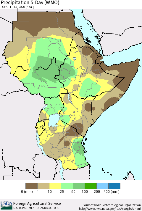 Eastern Africa Precipitation 5-Day (WMO) Thematic Map For 10/11/2020 - 10/15/2020