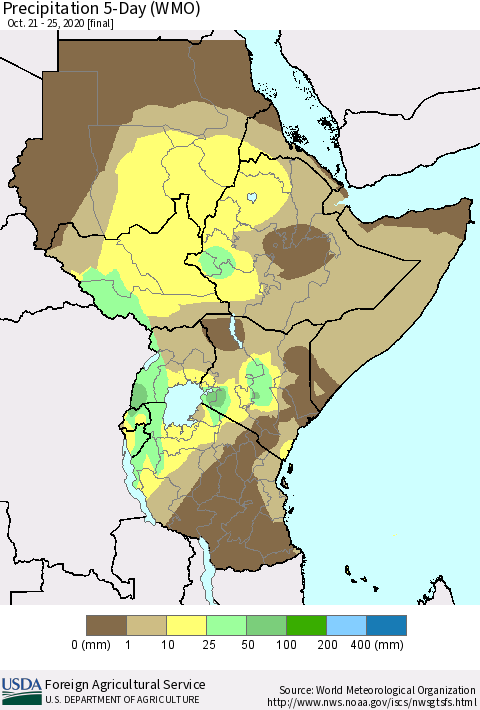 Eastern Africa Precipitation 5-Day (WMO) Thematic Map For 10/21/2020 - 10/25/2020