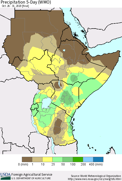 Eastern Africa Precipitation 5-Day (WMO) Thematic Map For 10/26/2020 - 10/31/2020