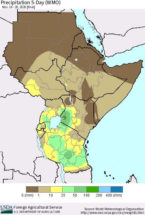 Eastern Africa Precipitation 5-Day (WMO) Thematic Map For 11/16/2020 - 11/20/2020