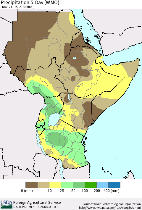 Eastern Africa Precipitation 5-Day (WMO) Thematic Map For 11/21/2020 - 11/25/2020