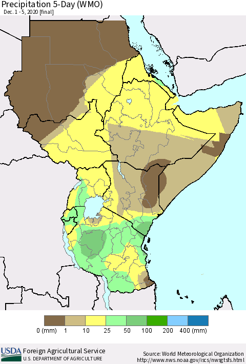Eastern Africa Precipitation 5-Day (WMO) Thematic Map For 12/1/2020 - 12/5/2020