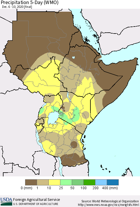 Eastern Africa Precipitation 5-Day (WMO) Thematic Map For 12/6/2020 - 12/10/2020