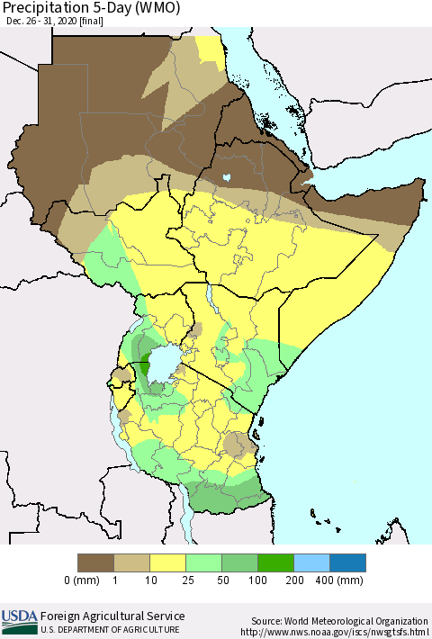 Eastern Africa Precipitation 5-Day (WMO) Thematic Map For 12/26/2020 - 12/31/2020