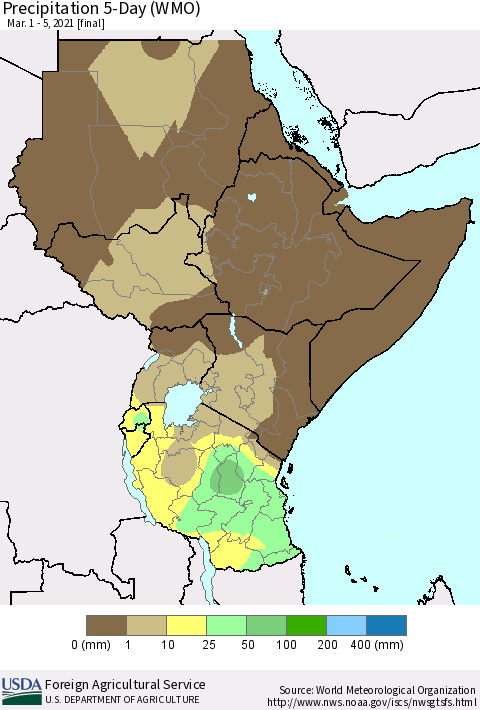 Eastern Africa Precipitation 5-Day (WMO) Thematic Map For 3/1/2021 - 3/5/2021