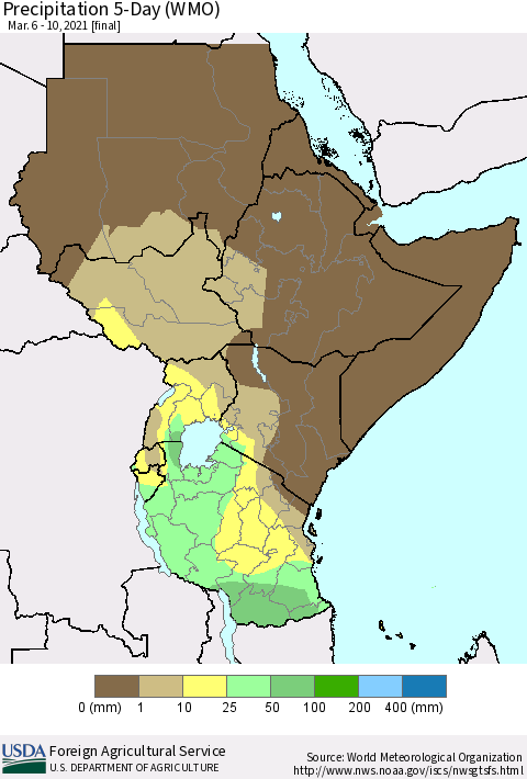Eastern Africa Precipitation 5-Day (WMO) Thematic Map For 3/6/2021 - 3/10/2021