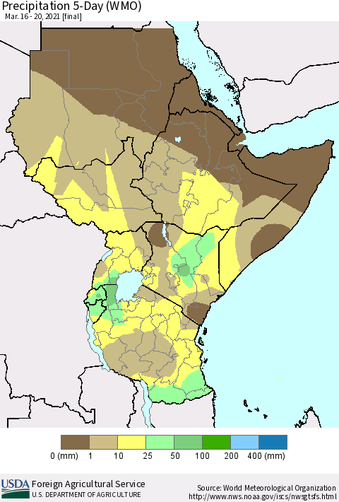 Eastern Africa Precipitation 5-Day (WMO) Thematic Map For 3/16/2021 - 3/20/2021