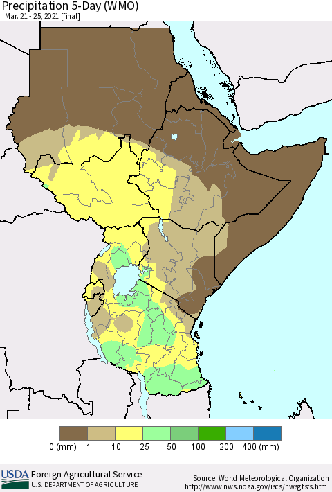 Eastern Africa Precipitation 5-Day (WMO) Thematic Map For 3/21/2021 - 3/25/2021