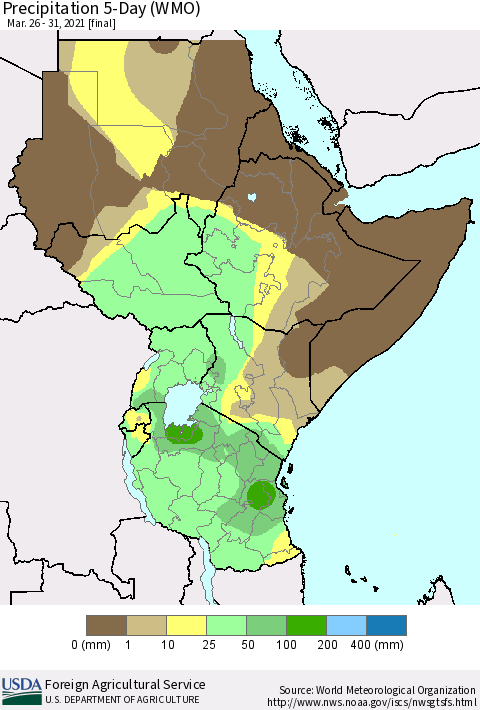 Eastern Africa Precipitation 5-Day (WMO) Thematic Map For 3/26/2021 - 3/31/2021