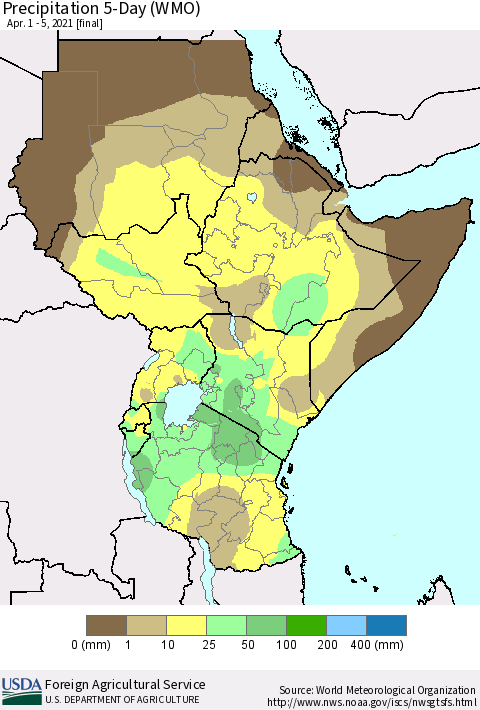 Eastern Africa Precipitation 5-Day (WMO) Thematic Map For 4/1/2021 - 4/5/2021