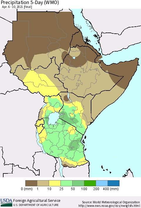 Eastern Africa Precipitation 5-Day (WMO) Thematic Map For 4/6/2021 - 4/10/2021