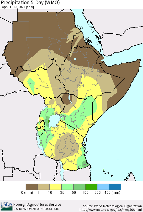 Eastern Africa Precipitation 5-Day (WMO) Thematic Map For 4/11/2021 - 4/15/2021