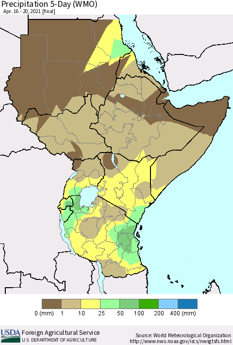 Eastern Africa Precipitation 5-Day (WMO) Thematic Map For 4/16/2021 - 4/20/2021