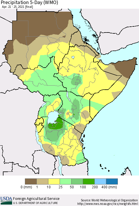 Eastern Africa Precipitation 5-Day (WMO) Thematic Map For 4/21/2021 - 4/25/2021