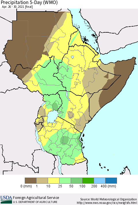 Eastern Africa Precipitation 5-Day (WMO) Thematic Map For 4/26/2021 - 4/30/2021