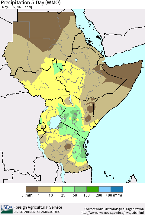 Eastern Africa Precipitation 5-Day (WMO) Thematic Map For 5/1/2021 - 5/5/2021