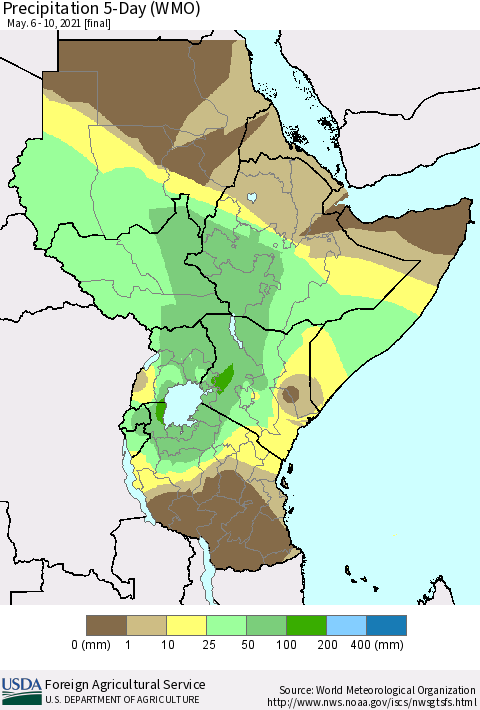 Eastern Africa Precipitation 5-Day (WMO) Thematic Map For 5/6/2021 - 5/10/2021