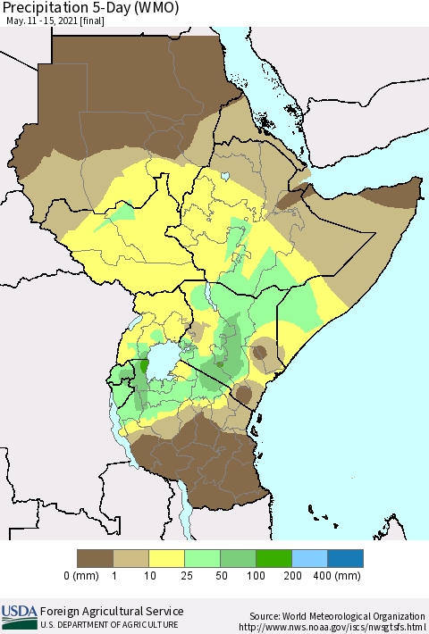 Eastern Africa Precipitation 5-Day (WMO) Thematic Map For 5/11/2021 - 5/15/2021