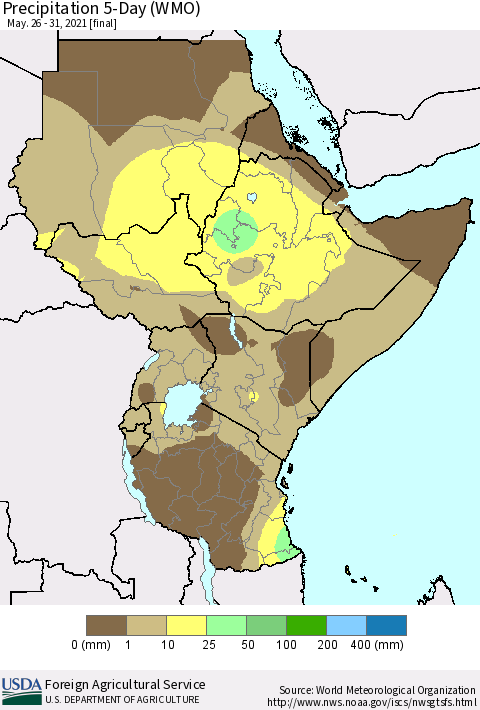Eastern Africa Precipitation 5-Day (WMO) Thematic Map For 5/26/2021 - 5/31/2021