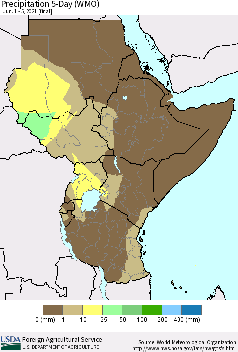Eastern Africa Precipitation 5-Day (WMO) Thematic Map For 6/1/2021 - 6/5/2021