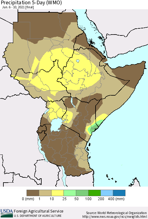 Eastern Africa Precipitation 5-Day (WMO) Thematic Map For 6/6/2021 - 6/10/2021