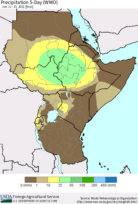 Eastern Africa Precipitation 5-Day (WMO) Thematic Map For 6/11/2021 - 6/15/2021
