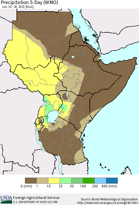 Eastern Africa Precipitation 5-Day (WMO) Thematic Map For 6/16/2021 - 6/20/2021