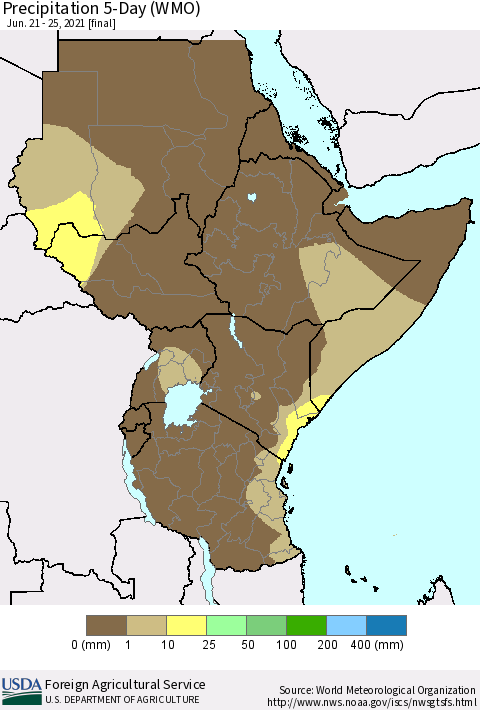 Eastern Africa Precipitation 5-Day (WMO) Thematic Map For 6/21/2021 - 6/25/2021