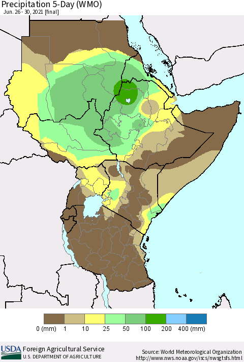 Eastern Africa Precipitation 5-Day (WMO) Thematic Map For 6/26/2021 - 6/30/2021