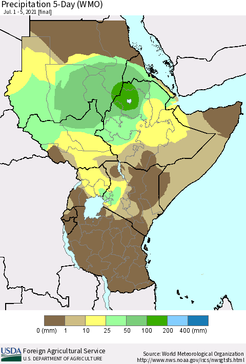 Eastern Africa Precipitation 5-Day (WMO) Thematic Map For 7/1/2021 - 7/5/2021