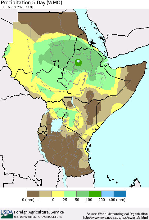 Eastern Africa Precipitation 5-Day (WMO) Thematic Map For 7/6/2021 - 7/10/2021