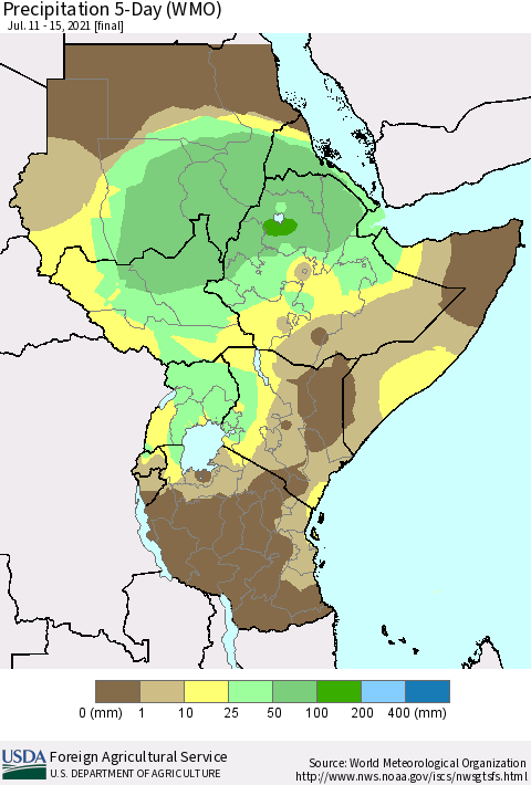 Eastern Africa Precipitation 5-Day (WMO) Thematic Map For 7/11/2021 - 7/15/2021