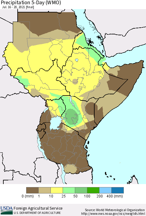 Eastern Africa Precipitation 5-Day (WMO) Thematic Map For 7/16/2021 - 7/20/2021