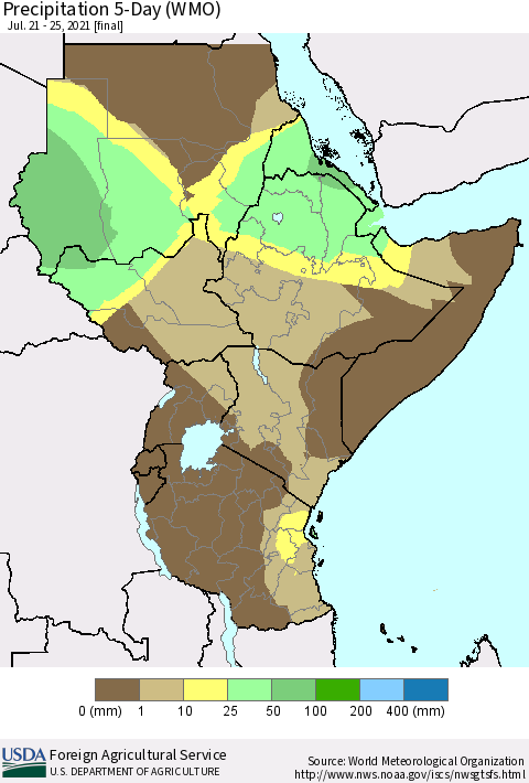 Eastern Africa Precipitation 5-Day (WMO) Thematic Map For 7/21/2021 - 7/25/2021