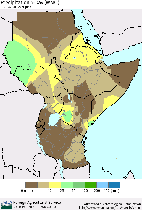 Eastern Africa Precipitation 5-Day (WMO) Thematic Map For 7/26/2021 - 7/31/2021