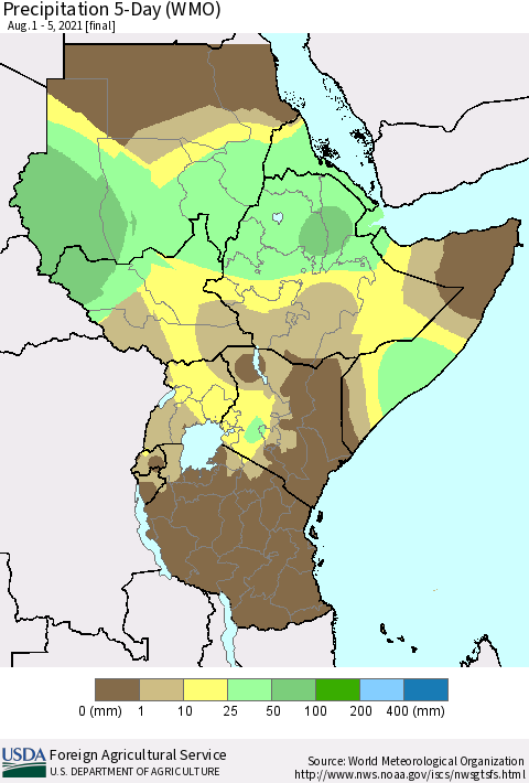 Eastern Africa Precipitation 5-Day (WMO) Thematic Map For 8/1/2021 - 8/5/2021