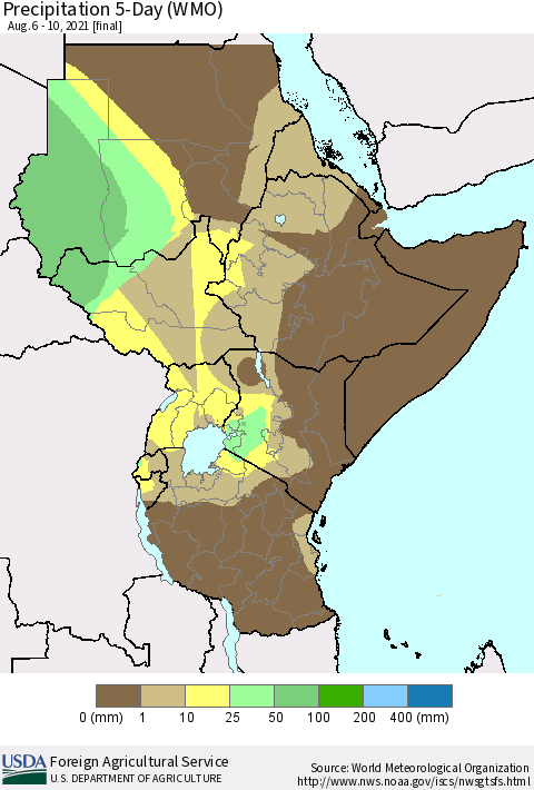 Eastern Africa Precipitation 5-Day (WMO) Thematic Map For 8/6/2021 - 8/10/2021
